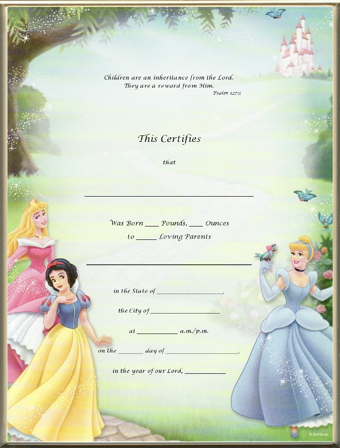 Cinderella Blank Birth Certificate No Foil lettering