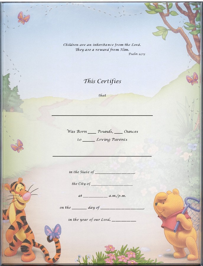 Pooh Bear & Tigger Blank Birth Certificate No Foil lettering